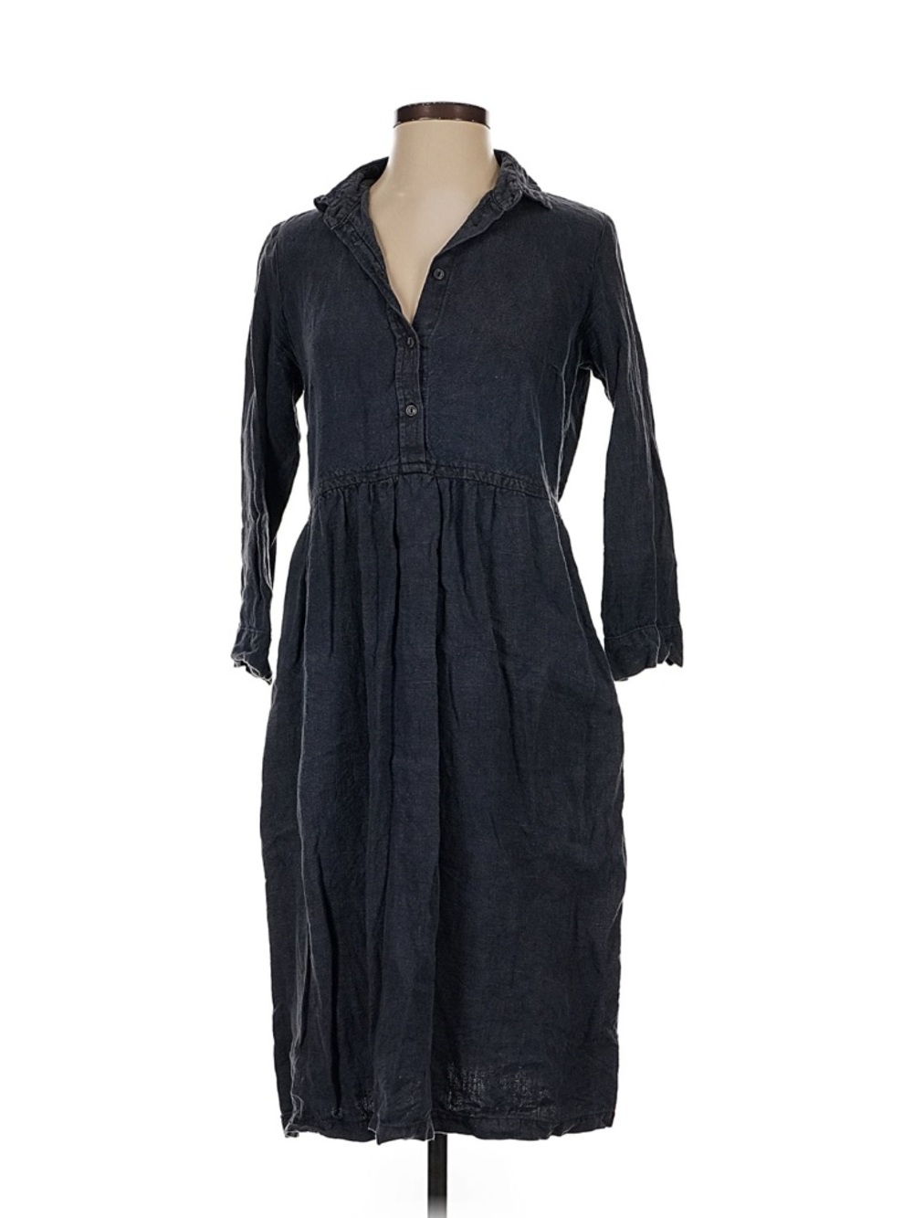 Relaxed Long Sleeve Navy Button-Front linen Midi Dress